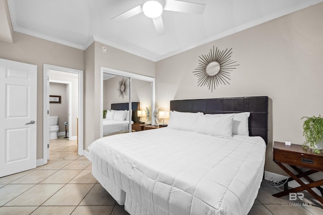 1524 W Beach Blvd Unit 506, Gulf Shores, AL 36542 - bedroom featuring ceiling fan, light tile patterned flooring, crown molding, and ensuite bath