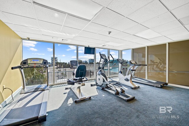 1524 W Beach Blvd Unit 506, Gulf Shores, AL 36542 - workout area featuring a paneled ceiling, a wall of windows, and carpet floors