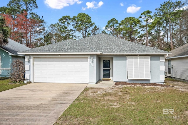 single story home featuring a garage, driveway, roof with shingles, stucco siding, and a front yard