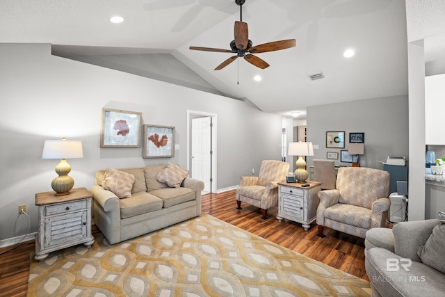 living area with baseboards, ceiling fan, wood finished floors, vaulted ceiling, and recessed lighting