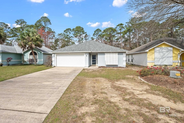 ranch-style home with driveway, a front lawn, roof with shingles, and an attached garage