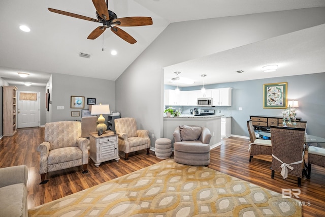 living room featuring high vaulted ceiling, recessed lighting, visible vents, baseboards, and dark wood finished floors