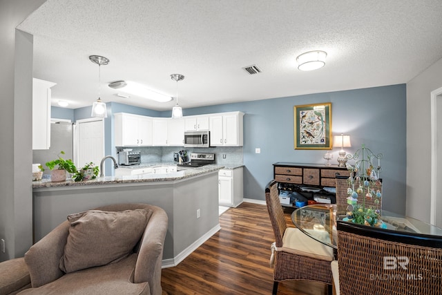 kitchen with appliances with stainless steel finishes, dark wood-style flooring, a peninsula, light stone countertops, and white cabinetry