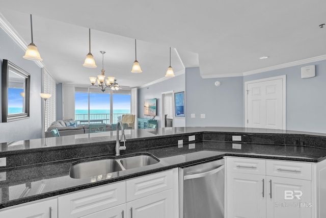 kitchen with dishwasher, a sink, crown molding, a chandelier, and white cabinets