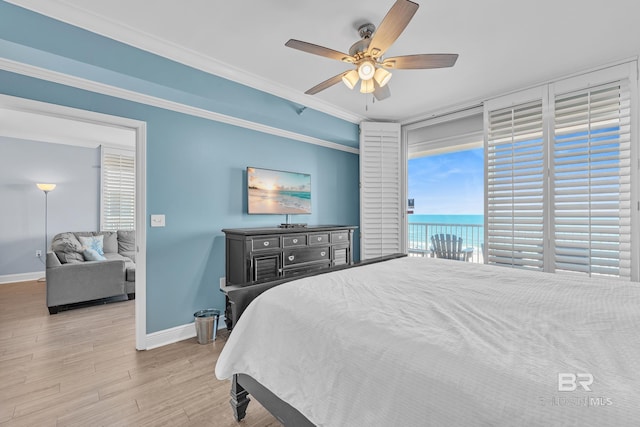 bedroom featuring baseboards, wood finished floors, access to outside, ornamental molding, and ceiling fan