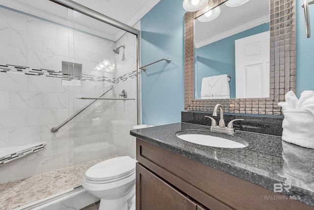 bathroom featuring crown molding, vanity, a stall shower, toilet, and backsplash
