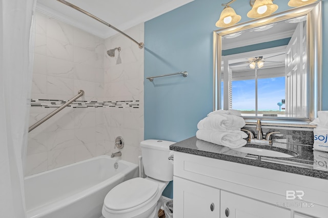 bathroom with vanity, shower / bathtub combination with curtain, toilet, and ornamental molding