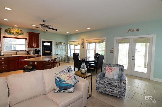9397 S Bay Rd, Foley, AL 36535 - living area with light tile patterned flooring, baseboards, ceiling fan, recessed lighting, and french doors