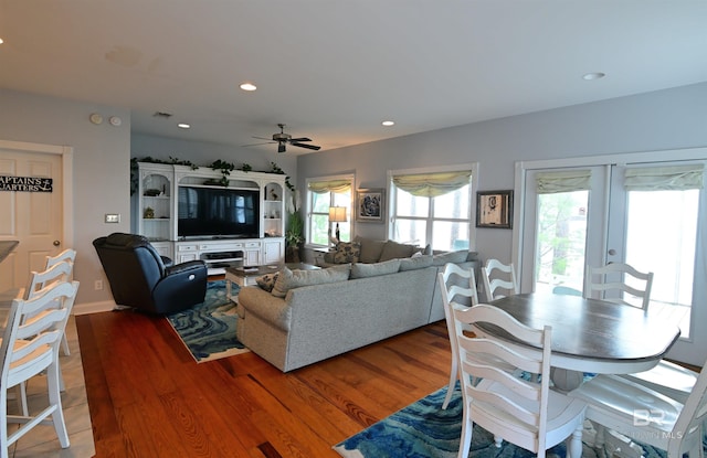 9397 S Bay Rd, Foley, AL 36535 - living area with french doors, light wood-style flooring, visible vents, ceiling fan, and recessed lighting