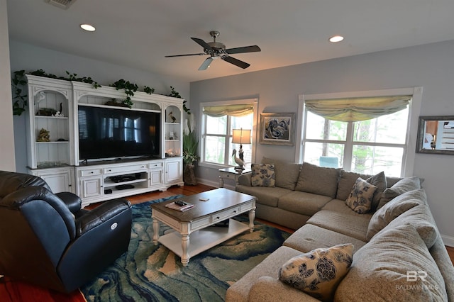 9397 S Bay Rd, Foley, AL 36535 - living area featuring dark wood-style floors, baseboards, recessed lighting, and a ceiling fan