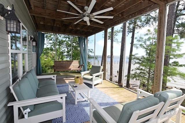 9397 S Bay Rd, Foley, AL 36535 - sunroom / solarium with a water view, outdoor lounge area, and ceiling fan
