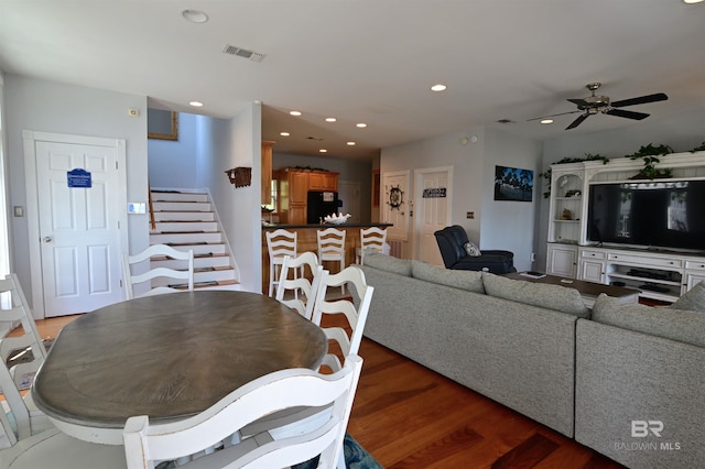 9397 S Bay Rd, Foley, AL 36535 - dining room featuring stairway, recessed lighting, visible vents, a ceiling fan, and wood finished floors