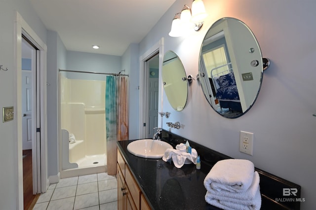 9397 S Bay Rd, Foley, AL 36535 - bathroom with a shower with curtain, tile patterned floors, and vanity