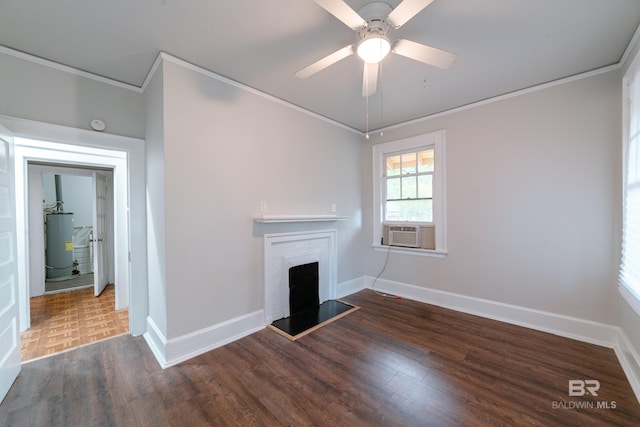 unfurnished living room featuring dark hardwood / wood-style floors, cooling unit, crown molding, gas water heater, and ceiling fan