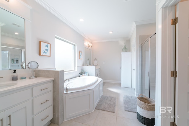 bathroom with tile patterned floors, vanity, shower with separate bathtub, and ornamental molding