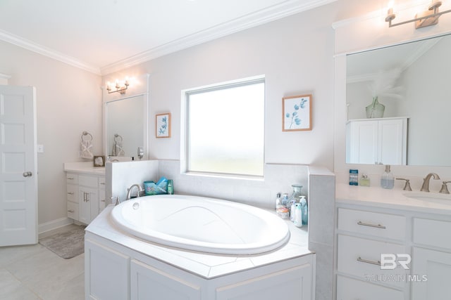 bathroom featuring a bathing tub, vanity, crown molding, and tile patterned floors