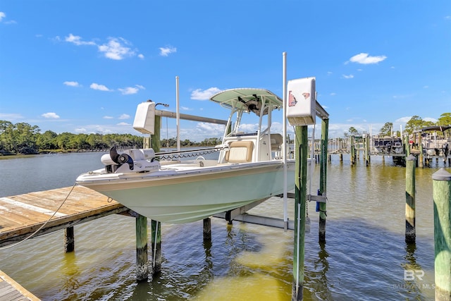 view of dock with boat lift and a water view