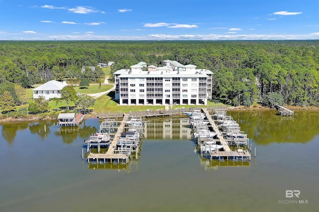 aerial view featuring a water view and a wooded view