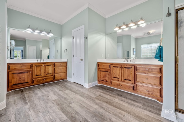 bathroom with vanity, ornamental molding, and hardwood / wood-style flooring