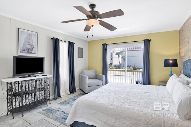 bedroom with light tile patterned flooring, wood walls, ceiling fan, and access to outside