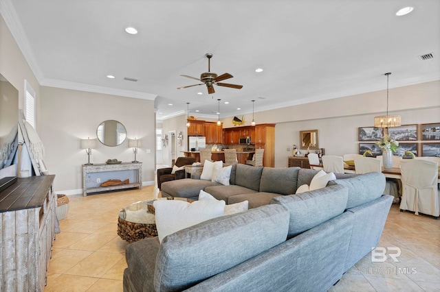 living room featuring recessed lighting, light tile patterned flooring, visible vents, and crown molding