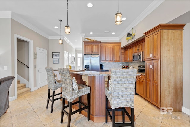 kitchen featuring a breakfast bar area, light tile patterned floors, stainless steel appliances, tasteful backsplash, and light stone countertops