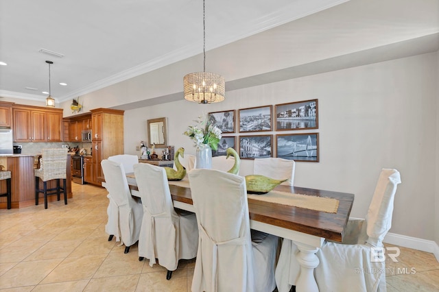 dining area featuring crown molding, light tile patterned floors, recessed lighting, a chandelier, and baseboards