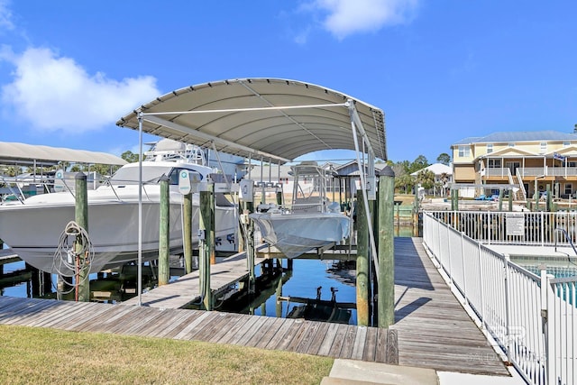 view of dock featuring a water view and boat lift