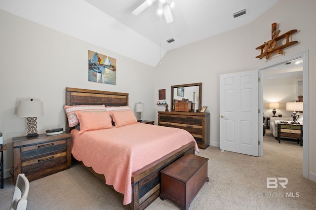 carpeted bedroom with lofted ceiling and ceiling fan