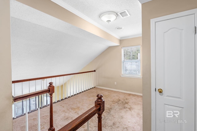 additional living space with visible vents, carpet flooring, vaulted ceiling, a textured ceiling, and baseboards