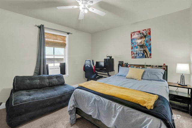 bedroom with carpet flooring, ceiling fan, and cooling unit