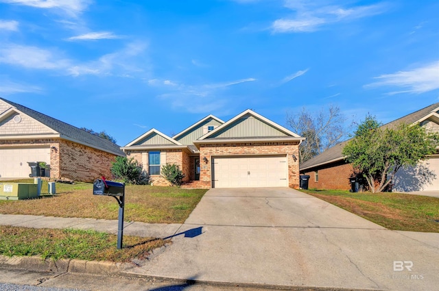 ranch-style home featuring a garage and a front lawn