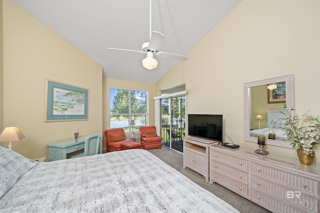 carpeted bedroom with ceiling fan and high vaulted ceiling