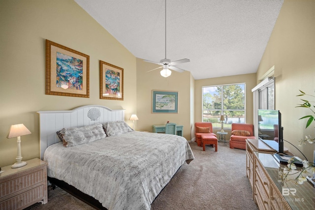 carpeted bedroom with ceiling fan, a textured ceiling, and vaulted ceiling