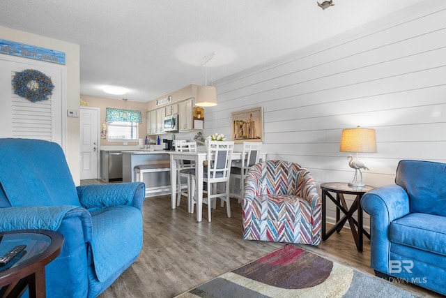 living room featuring hardwood / wood-style flooring and sink