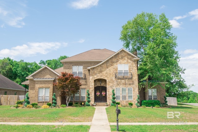 view of front of home with a balcony and a front yard