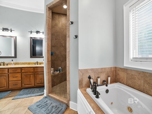 bathroom with vanity, tile patterned flooring, and separate shower and tub