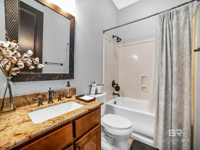 full bathroom with vanity, toilet, and shower / tub combo with curtain