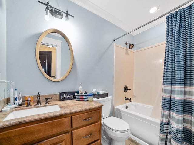 full bathroom with tile patterned flooring, shower / bathtub combination with curtain, toilet, vanity, and ornamental molding