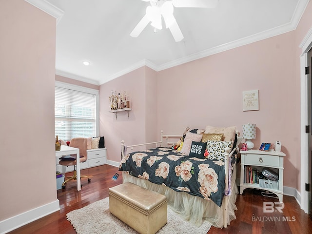 bedroom featuring ornamental molding, wood-type flooring, and ceiling fan