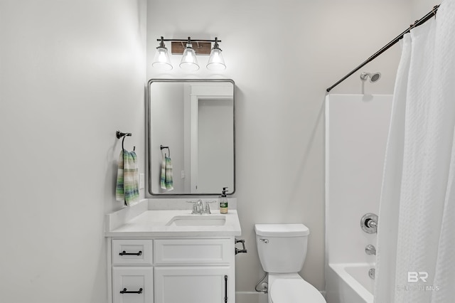 full bathroom featuring vanity, toilet, and shower / bathtub combination with curtain