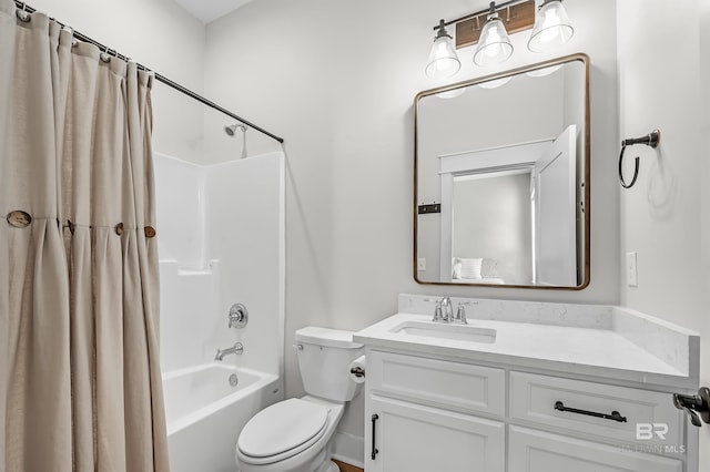 full bathroom with vanity, toilet, and shower / bathtub combination with curtain