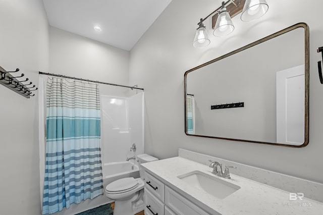 full bathroom with vanity, shower / tub combo with curtain, and toilet