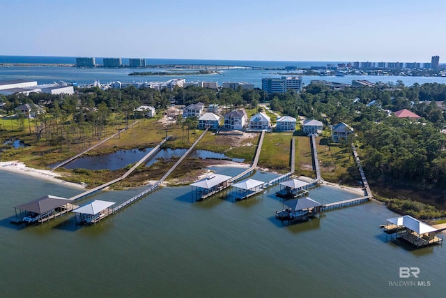 aerial view featuring a water view