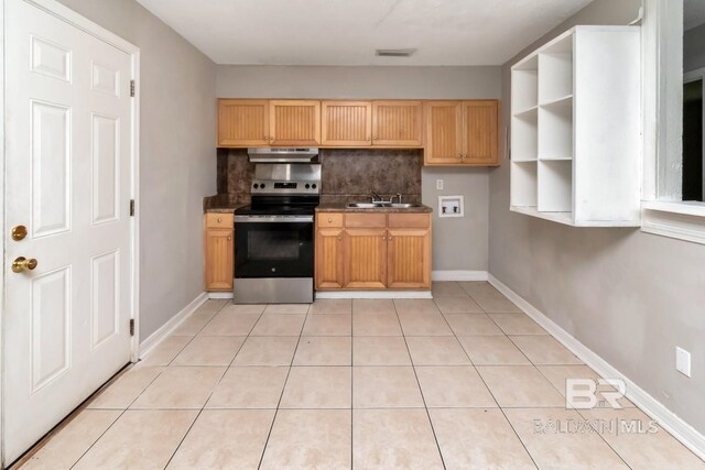 6451 S Barker Dr, Mobile, AL 36608 - kitchen featuring stainless steel range with electric cooktop, under cabinet range hood, open shelves, a sink, and backsplash