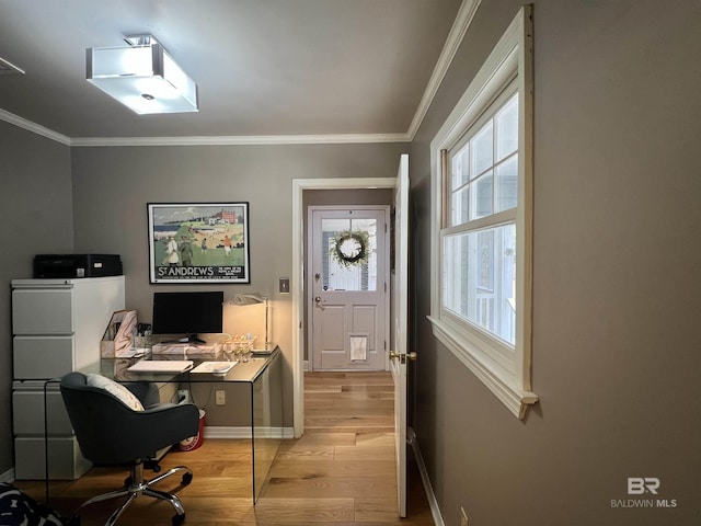 home office with light wood-type flooring and crown molding