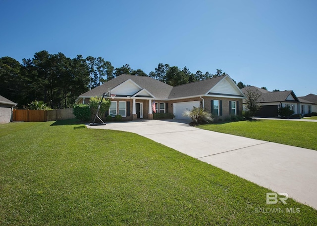 view of front of home featuring driveway, a front yard, brick siding, fence, and an attached garage