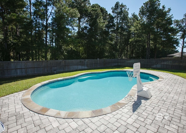 view of swimming pool featuring a fenced in pool, a fenced backyard, a patio area, and a lawn