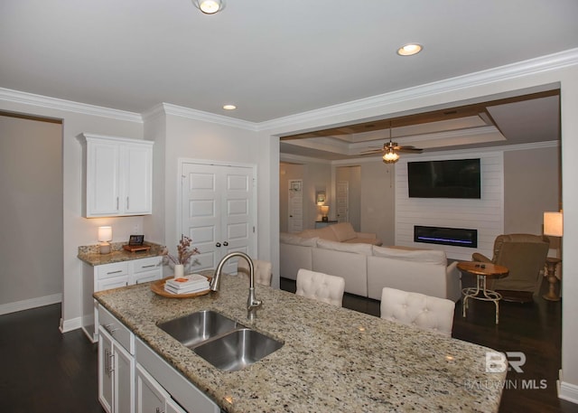 kitchen featuring a fireplace, dark wood finished floors, a sink, baseboards, and white cabinetry