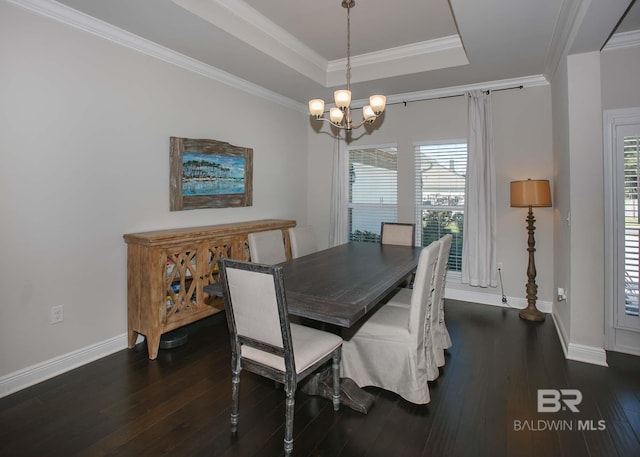 dining room with baseboards, an inviting chandelier, a wealth of natural light, and dark wood-type flooring
